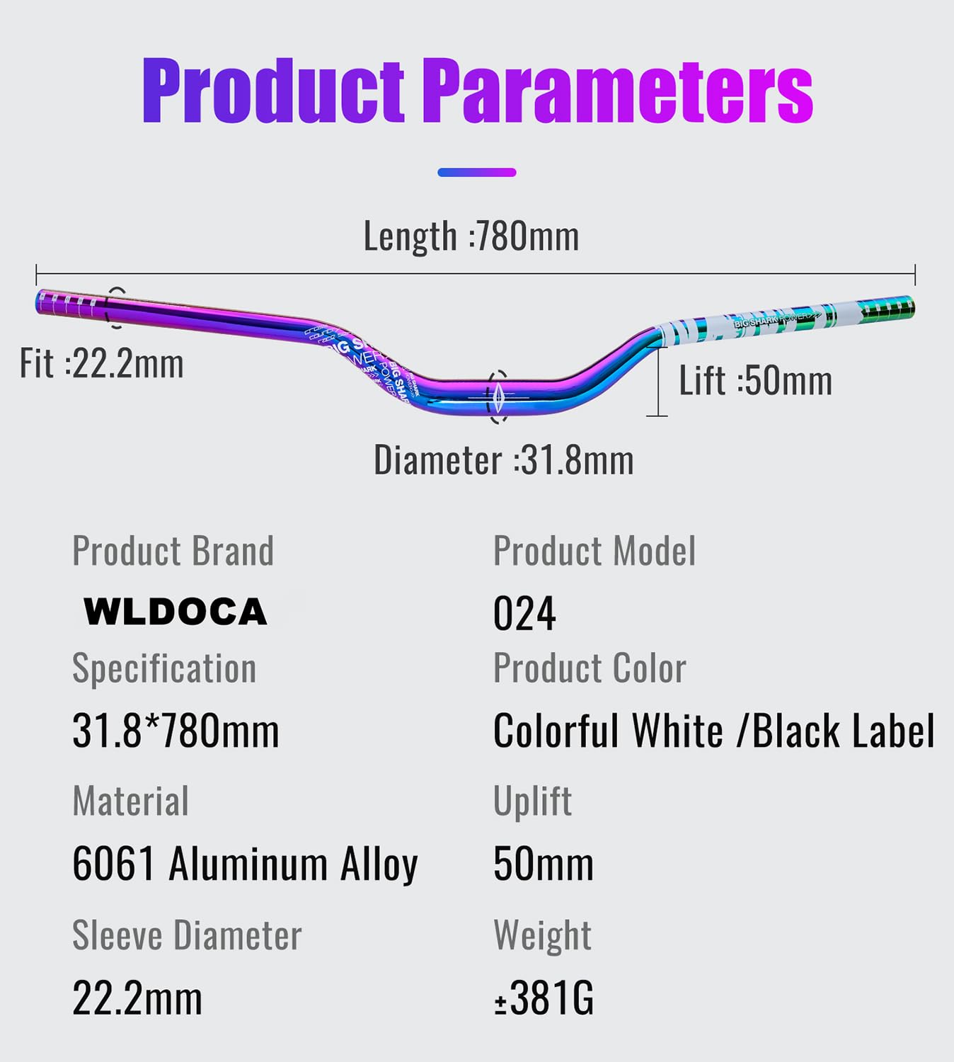 Guidon de VTT surélevé 50 mm en Alliage d'aluminium coloré Arc-en-Ciel AM XC DH Racing Rise 31,8 x 780 mm