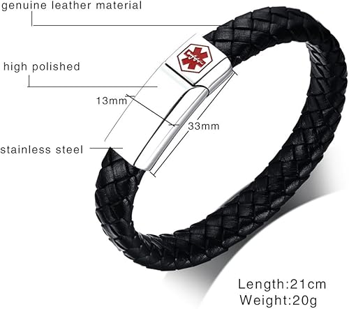 Miniatura 6 de VNOX Grabado gratis brazalete de acero inoxidable de cuero genuino con alerta médica para hombres y mujeres, 8.3 pulgadas, Cuero, Sin gema