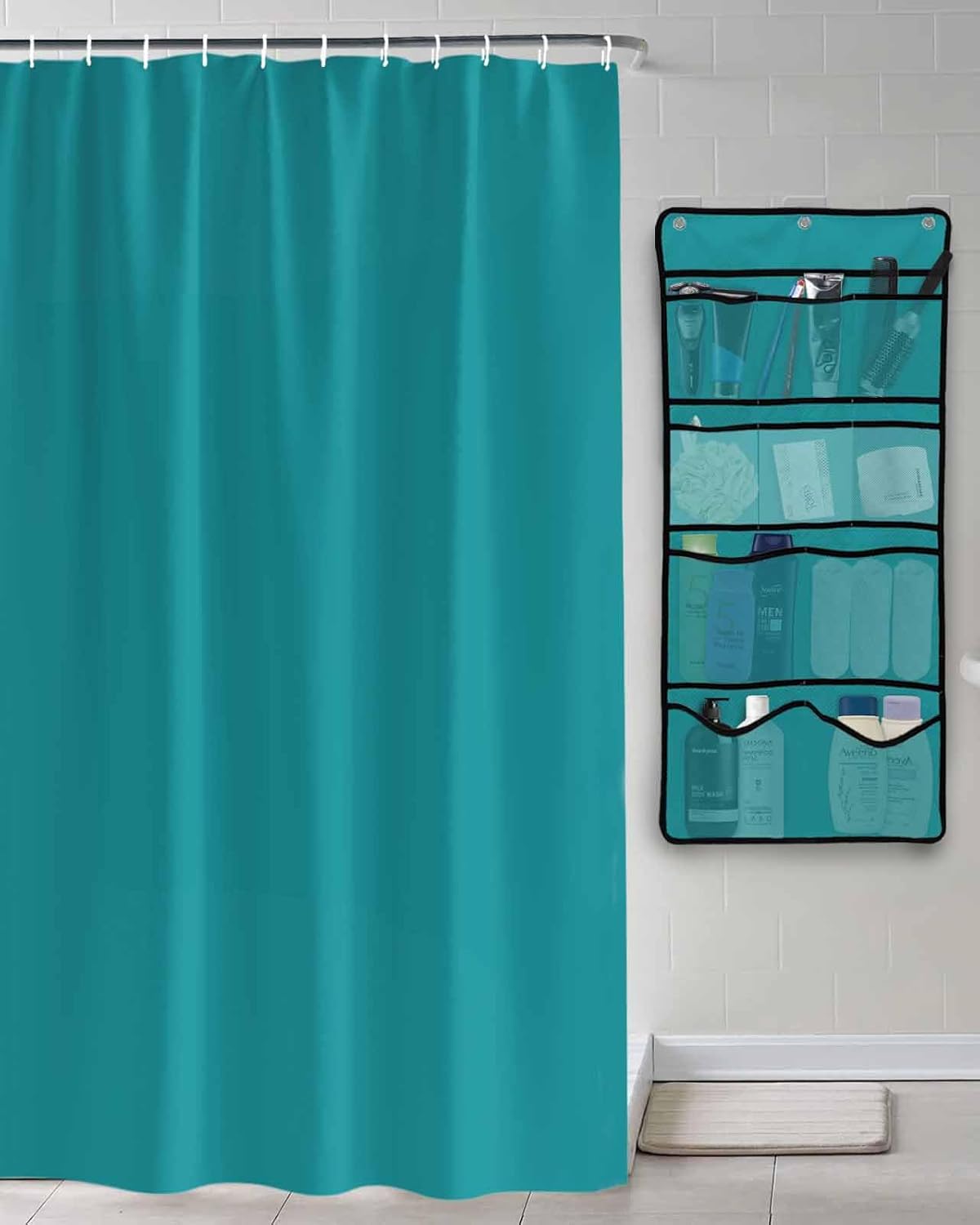 Shower Curtain Mesh Shower Organizer Hanging Set Turquoise Solid Color Waterproof Shower Curtains with 10 Pockets Quick Dry