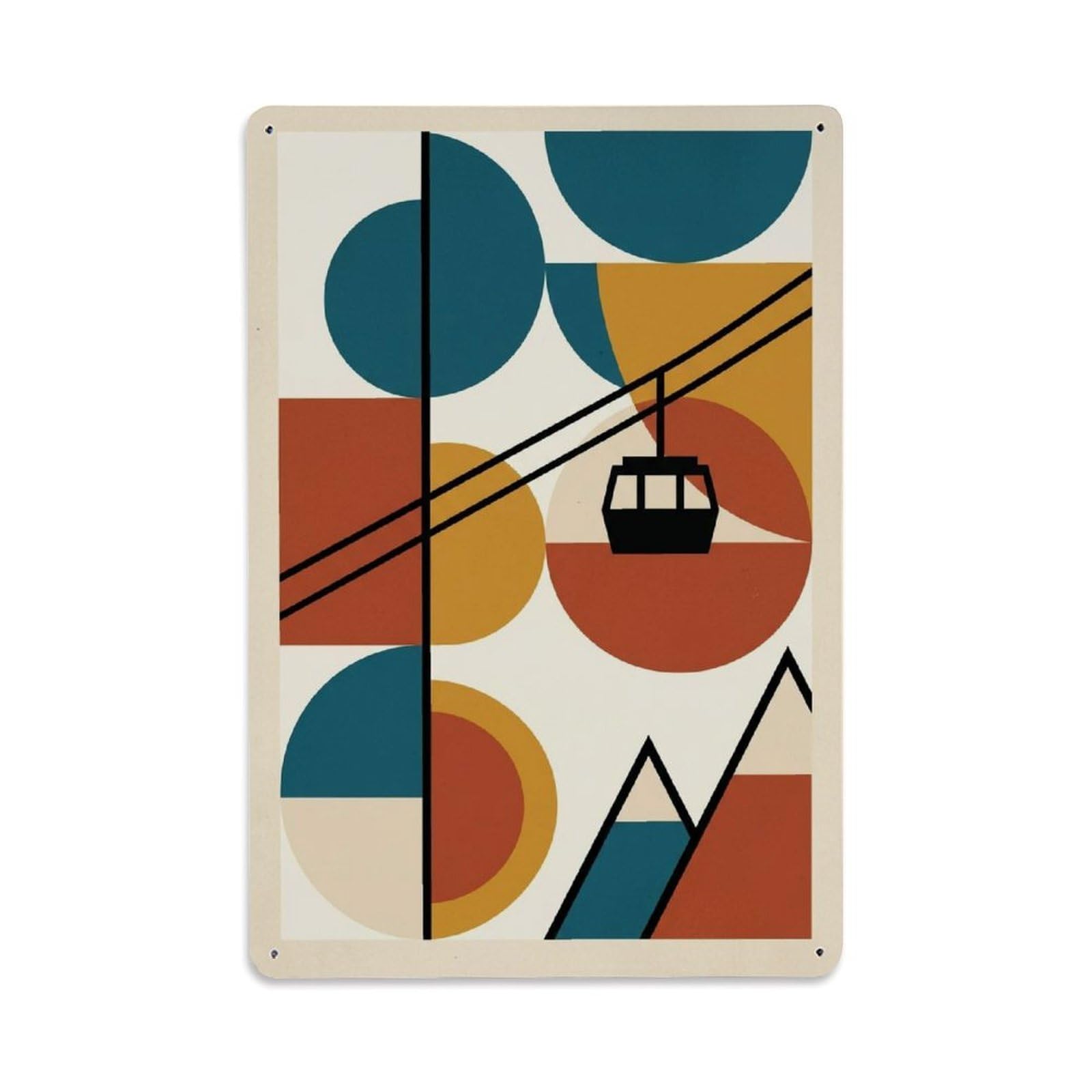 Retro Color Blocks Alpine Cable Car Cream Background Metal Tin Sign Plaque Wall Decor for Cafe, Man Cave, Club Bar, Office, Home Garden Round Metal Poster 8x12Inch