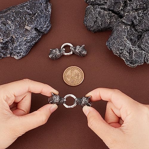 UNICRAFTALE 2 Sets Tibetan Style Stainless Steel Wolf Head End Caps with Spring Gate Rings Animal Bracelet Making Cord Ends O Rings Antique Silver Bracelet Clasps Connected for Jewelry Making - Image 2