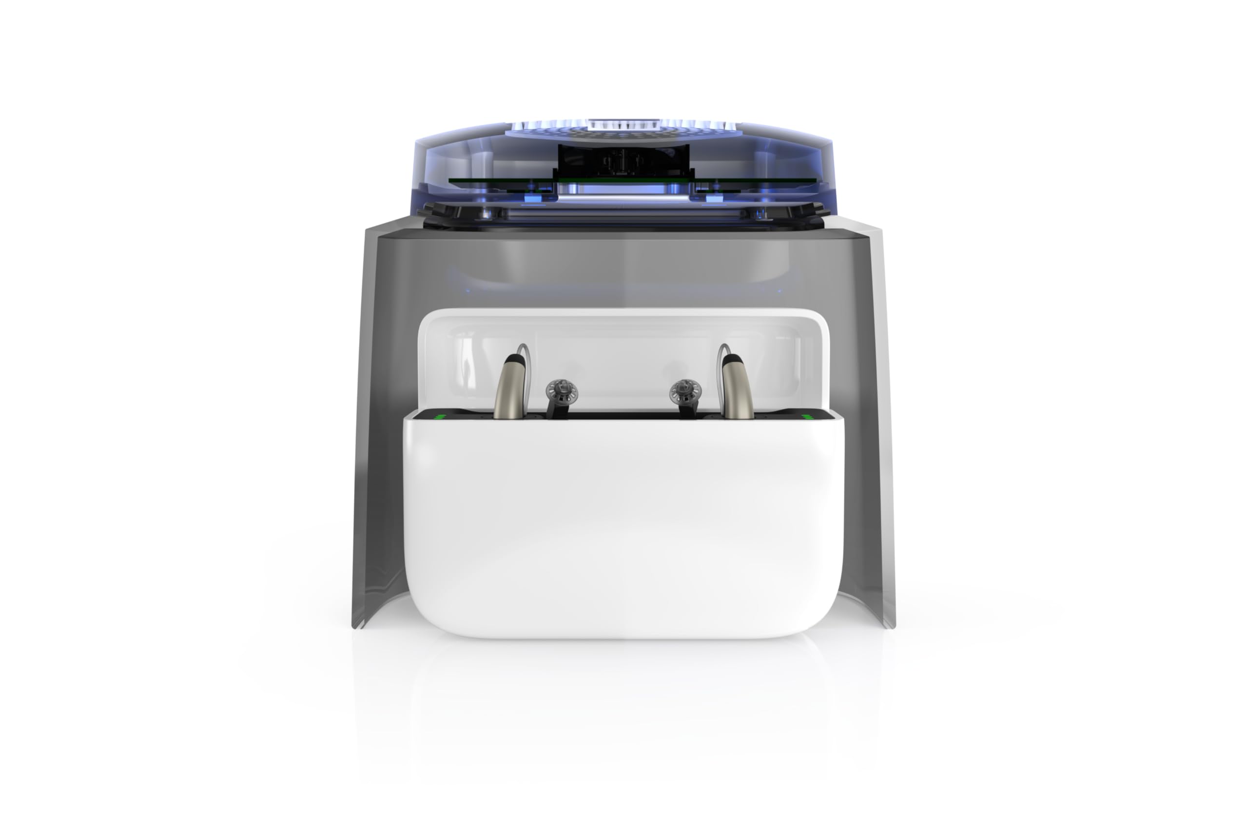 flow-med dry- cap UV 2.2 - Déshumidificateur Appareil Auditif - Chargement, Nettoyage et Séchage Simultanés - Pour tous les Appareils Auditifs - 4 LED UV-C - Ventilateur & Chaleur - Produit Médical