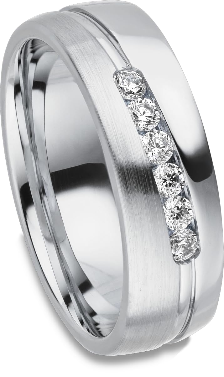 Kolibri Rings Partnerringe, Eheringe in Silber 925 rhodiniert Paarpreis | 6 Zirkonia Steine in Kanalfassung, Längsmatt mit Glanzfuge + Gravur + Etui - Made in Germany