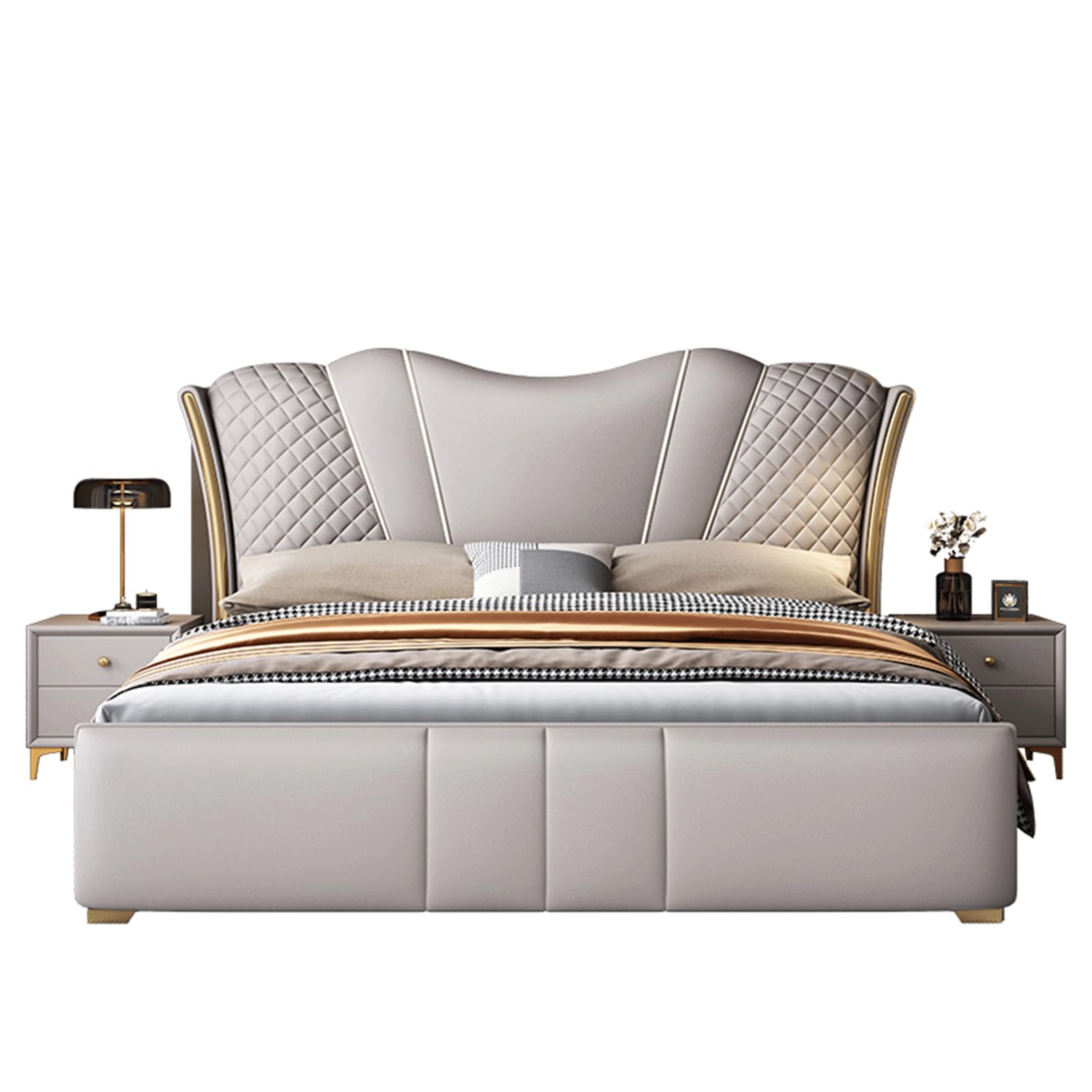 Luxury King Size Genuine Leather Wood Bed Upholstered Platform Bed Frame with Headboard and Lift Up Storage Strong
