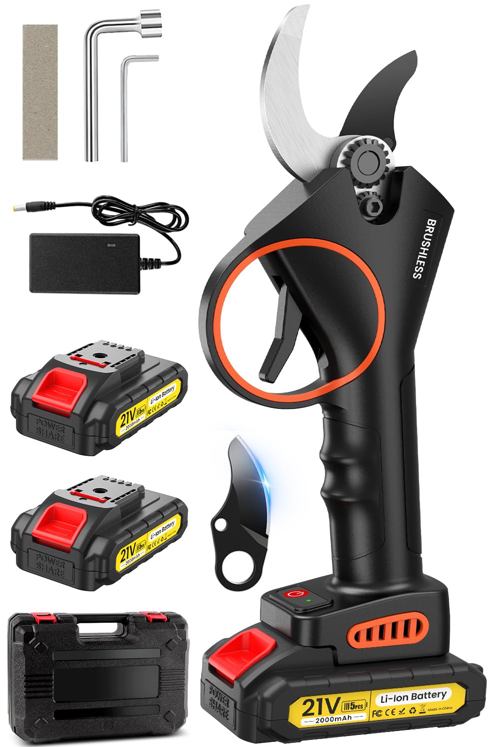 Tijeras de Podar Electricas,33-35mm Potentes Tijeras de Podar con 2 x 2000mAh Baterías, 800W Larga Duración, Silenciosa,Podadoras Profesionales sin Escobillas para Jardinería,árboles Frutales,Viñedos