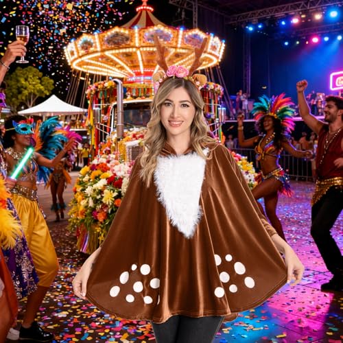 Deer Costume Ladies with Antlers Headband Tattoo Socks Reindeer Costume Adults Ladies Women Bambi Costume Ladies Carnival Costume Ladies Deer Poncho Cloak Fawn Deer Costume Ladies for Carnival