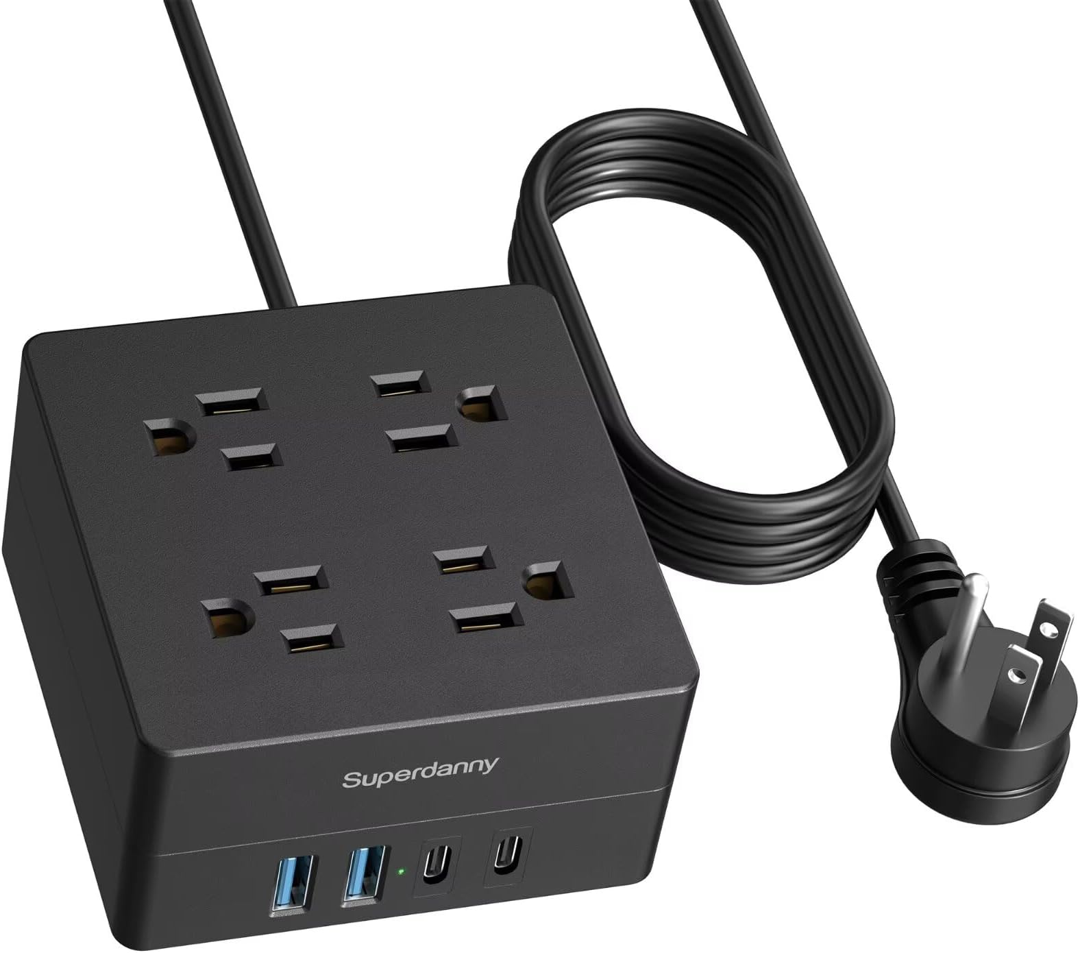 Power Strip, SUPERDANNY 4-Outlet 4-USB Surge Protector, 5 Ft Extension Cord, 900 Joules, Overload Switch, Grounded, Mountable, Desktop Charging Station for Home, Office, School, Dorm, Computer, Black