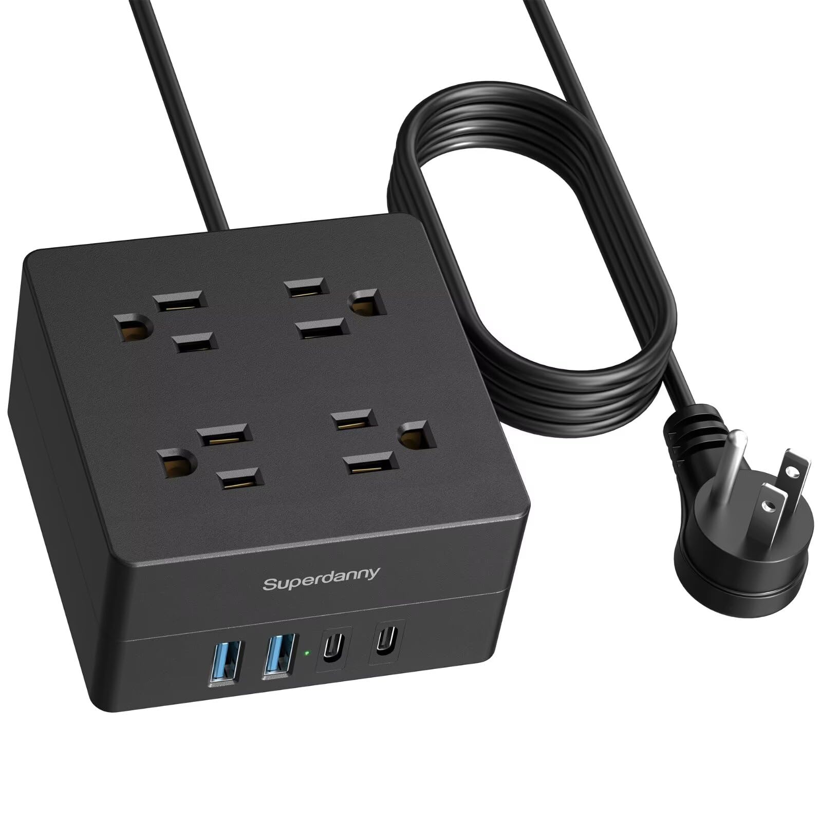 5ft Power Strip, SUPERDANNY Surge Protector 900 Joules, 4-Outlet 4-USB Extension Cord, Overload Switch, Grounded, Mountable, Desktop Charging Station for Home, Office, School, Dorm, Computer, Black