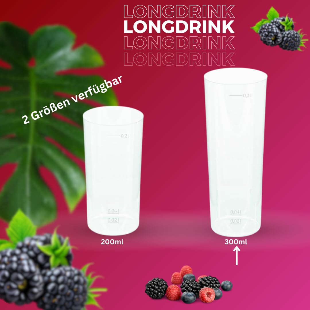 200 Longdrinkbecher | Mehrwegbecher 300ml Made in Germany | Getränkebecher mit Eichstrich | wiederverwendbar | Transparent aus PP | Trinkbecher 0,3l | Bierbecher | Partybecher