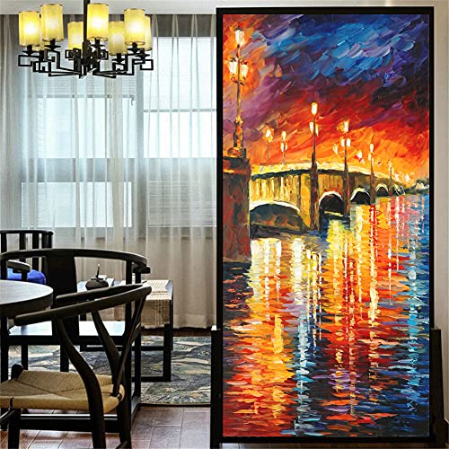 LXDWEI Dekorative Fensterfolie, Sichtschutz, Brücke, Landschaft, Ölgemälde, statische Haftung, Fensteraufkleber, kein Kleber, Milchglasverkleidungen, Fenster-Tönung (B x L), 60 x 200 cm Cover