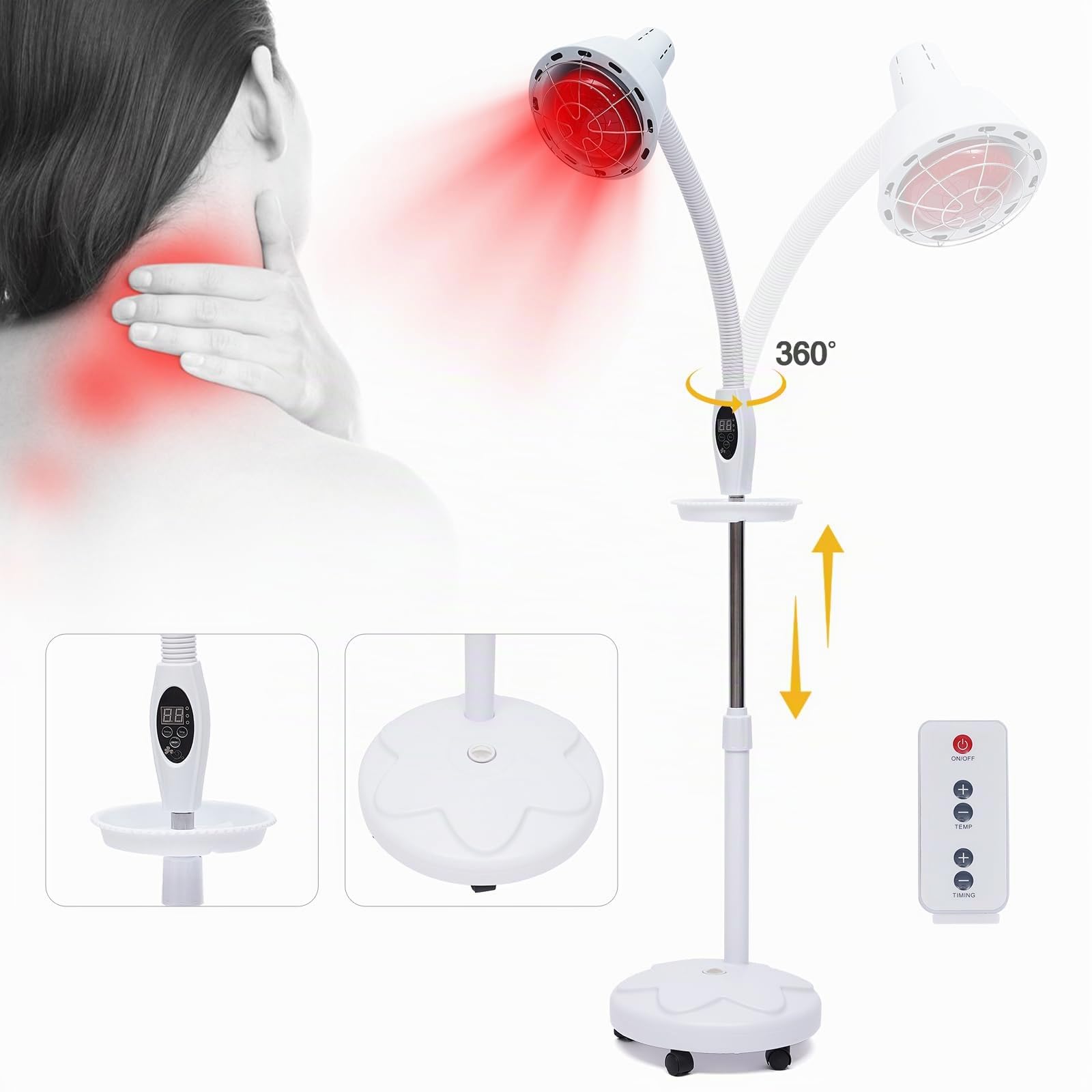 Lampe infrarouge à lumière rouge - Avec support - Pour traitement de cicatrisation des plaies - Rotation à 360° - 275 W - A++ à E