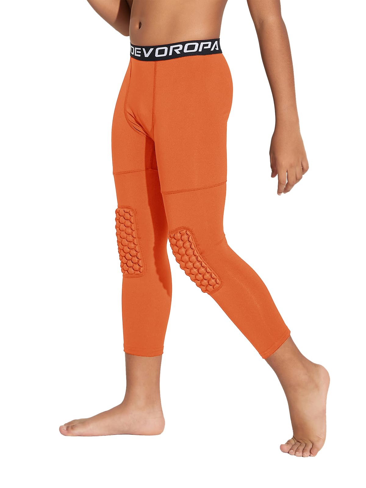 DEVOROPA Youth Boys' Compression Pants with Knee Pads 3/4 Basketball Athletic Tights Quick Dry Sports Workout Leggings