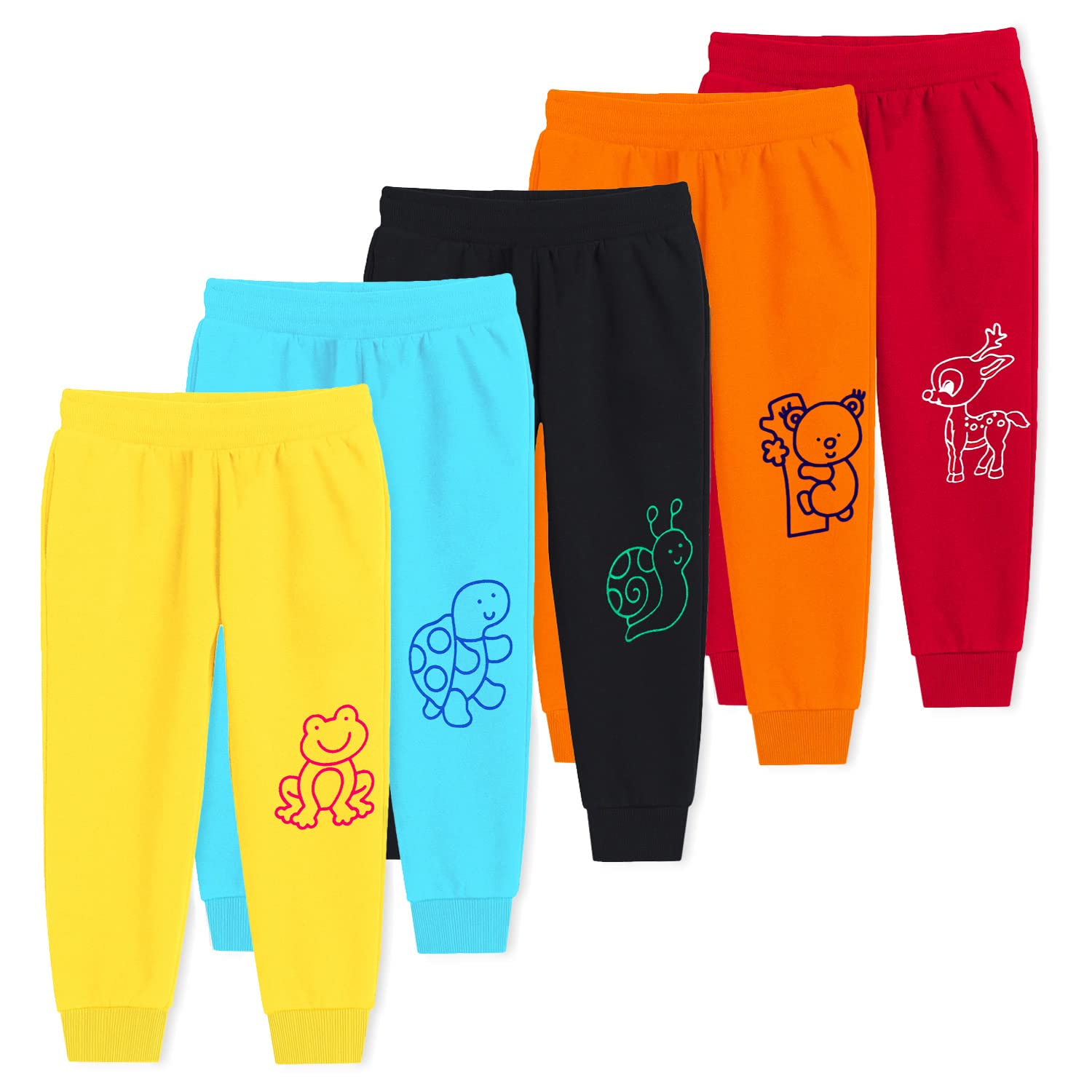 TrampolineKids Cotton Blend Pyjamas Pack of 5 | Bright Colors & Fun Prints | Ribbed Ankle Everyday Bottoms for Boys & Girls | Soft & Breathable Fabric