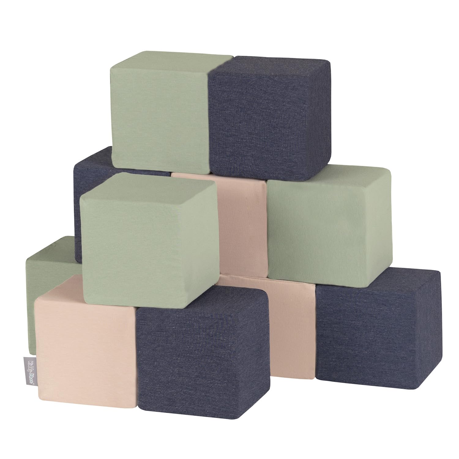 KiddyMoon Soft Foam Building Blocks For Babies & Toddlers, Washable Cotton Zip Cover, 14Cm Cubes, Sensory Toy, 12 Pieces, Cubes: Dark Blue-Beige-Sage