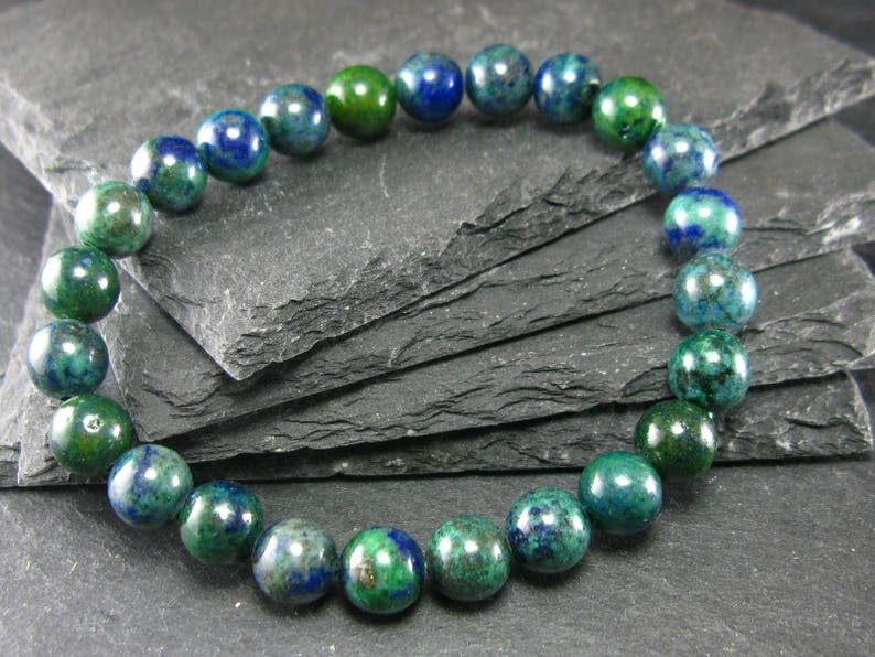 Natural Dioptase Chrysocolla Malachite Shattuckite 8mm Round Shape Smooth Cut Beads 6.5 Inch Stretchable Bracelet For Men & Women. Unisex Bracelet For Healing, Meditation &... - Image 3