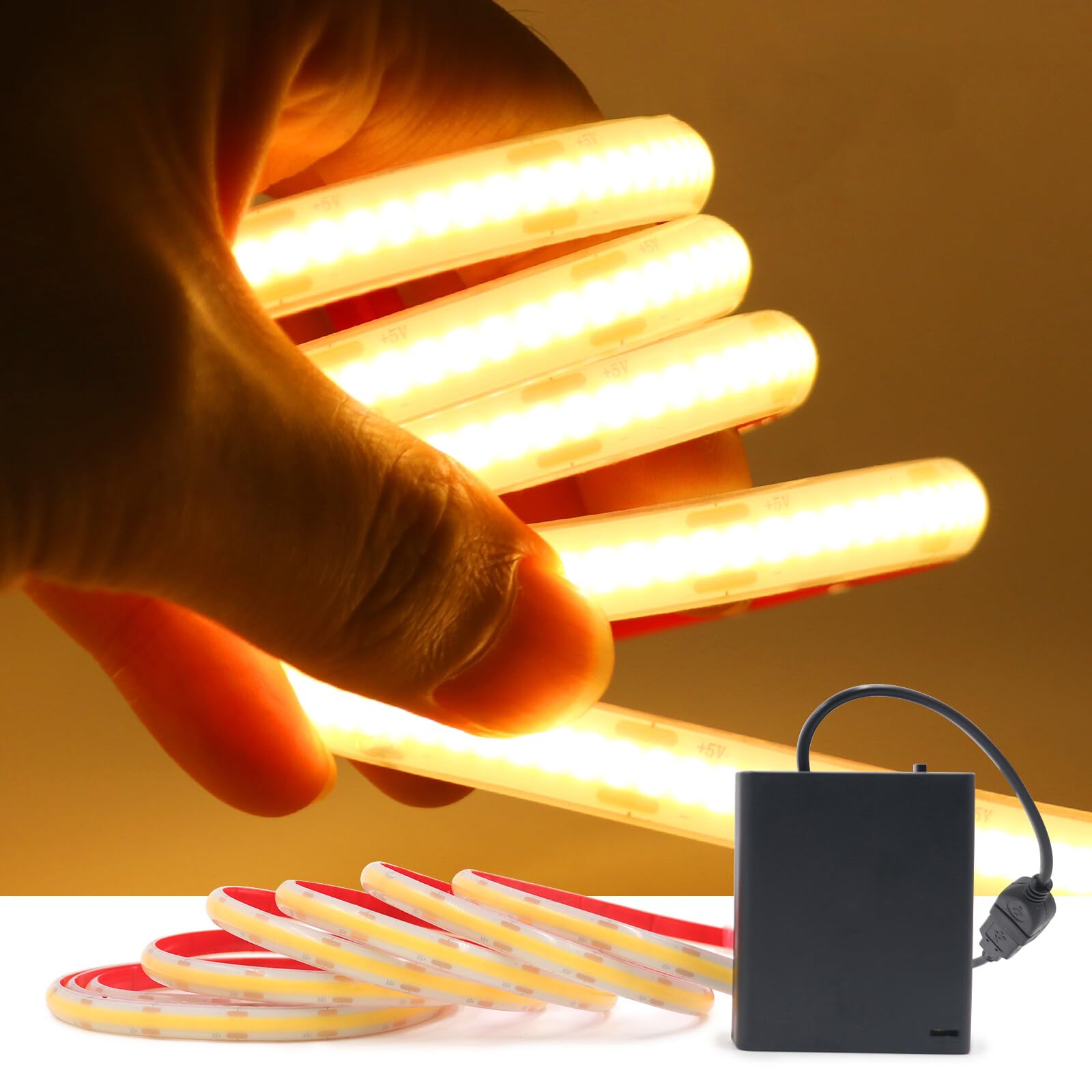 KAFULA 5V COB LED Strip [2M, Warm White 3000-3500K], Battery Powered, IP68 Waterproof Flexible, 320 LEDs/m Silicone FCOB LED Fairy Lights CRI85+, Cuttable Every 2.5cm (Batteries Not Included) — image 1
