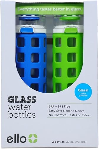 Ello Safe Clean Glass Water Bottles 20 oz Each - Leak Proof with Easy Grip 2 Pack