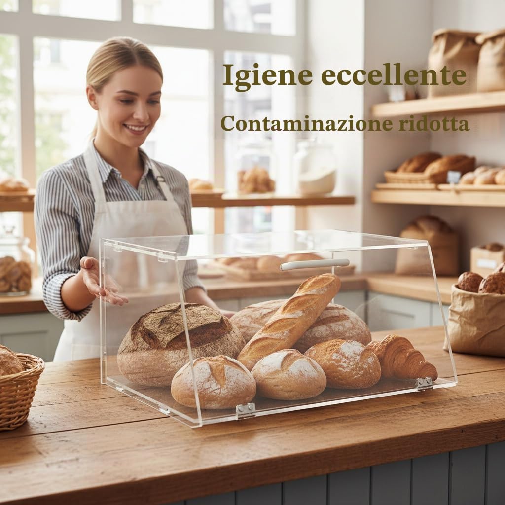 Espositore impilabile per panetteria in acrilico, per dolci, piano di lavoro, organizer, contenitore per bagel, pane, 38 x 16,5 x 30,5 cm, porta inclinata con 2 cerniere in acciaio