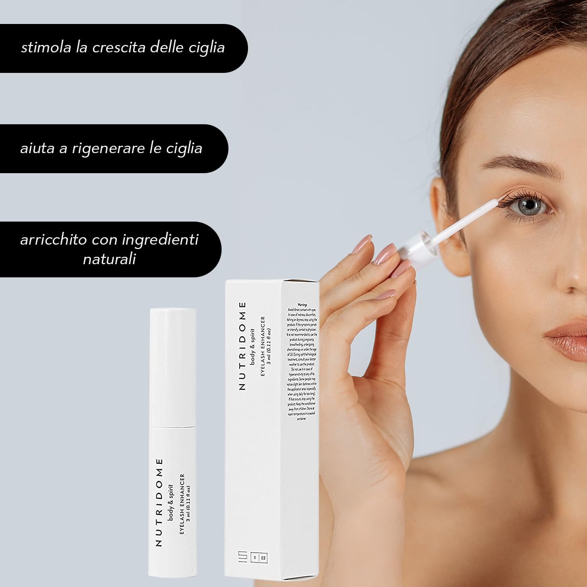 NUTRIDOME Eyelash Enhancer Siero per Ciglia, Potenziatore, per Ciglia Forti, Lunghe e Spesse, Trattamento per una Rapida Crescita delle Ciglia, Composizione Naturale, 3 ml