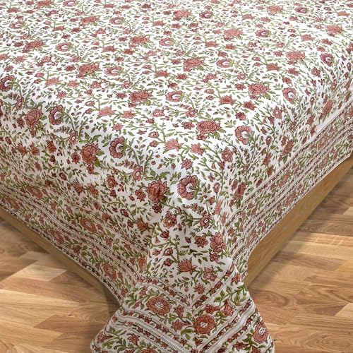Image of TOAI Hand Block Printed Bedsheet | Bed Spread Flatsheet Bed Sheet | Pure Cotton | Queen Size 90 inchx108 inch | 210 TC Luxury Cotton | 2 Reversible Pillow Covers |Rust Flower Spread