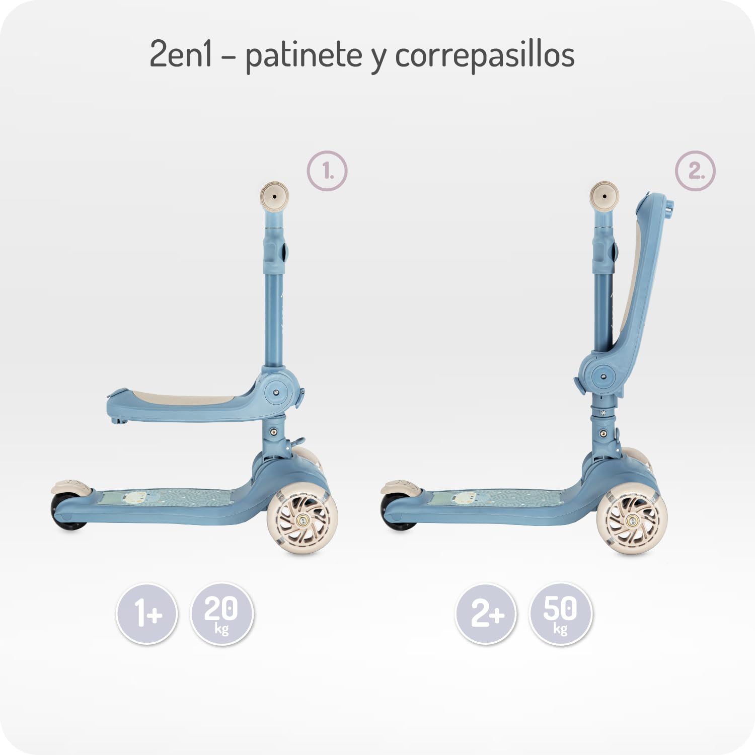 MoMi Debe Roller para niños de 1 año hasta 50 kg – Scooter 2 en 1 con Asiento Plegable – Patinete Infantil con 2 Altura Ajustable – Patinete Plegable para Interior y Exterior – 3 Ruedas LED