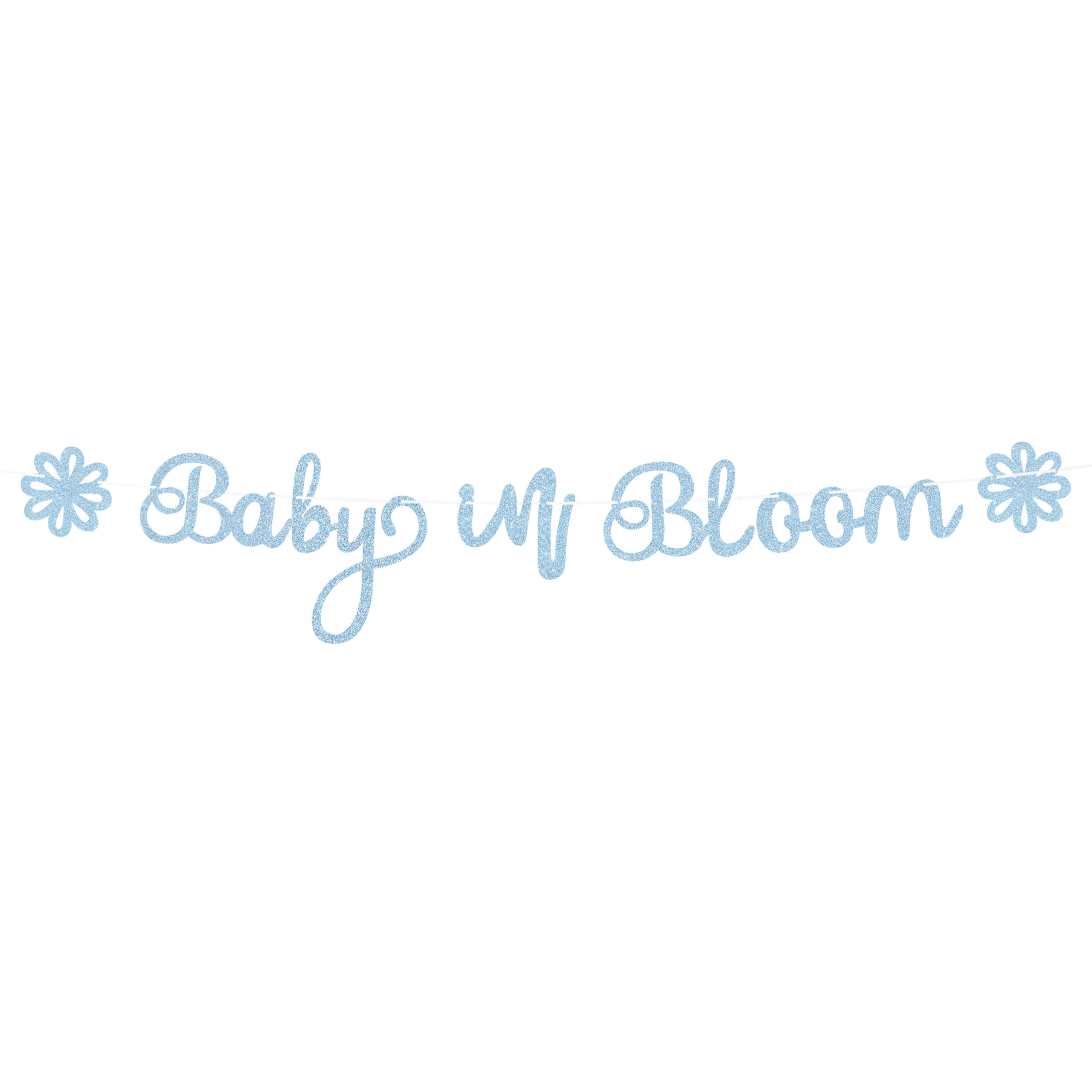 Pre-Strung Baby in Bloom Banner - Light Blue Glitter Baby in Bloom Baby Shower Decorations for Boys and Girls, Floral Theme Baby Shower Banner for