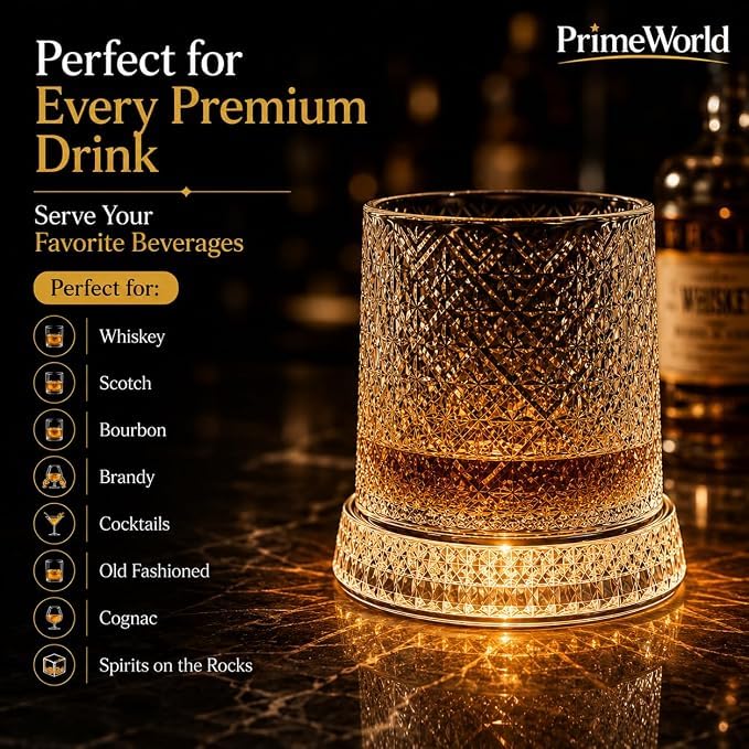 Image of PrimeWorld Premium Rotating Whiskey Glasses - 300ml | Set of 6 | LED Button Cell 360 Spinning Crystal Old Fashioned Tumblers | Lead-Free Carved Cut Rocks Glasses for Whiskey, Scotch, Bourbon, Brandy