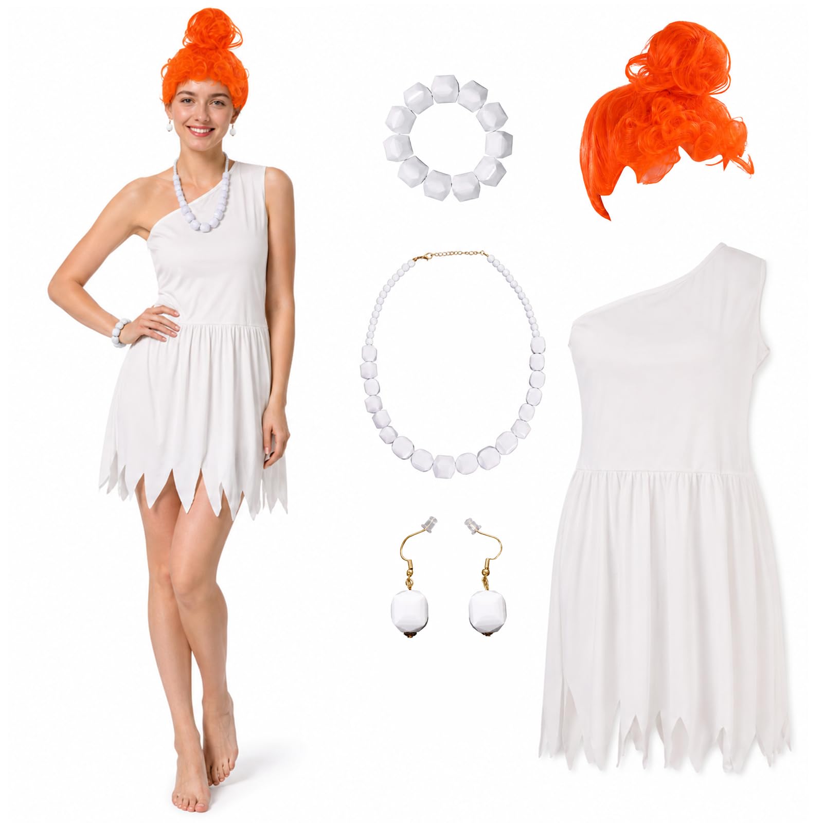 JoyFuncos 5PCS Halloween Caveman Costume for Adults Women White One Shoulder Fancy Dress Wig Necklace Cavewoman Outfit Accessories for Cosplay Party (S)