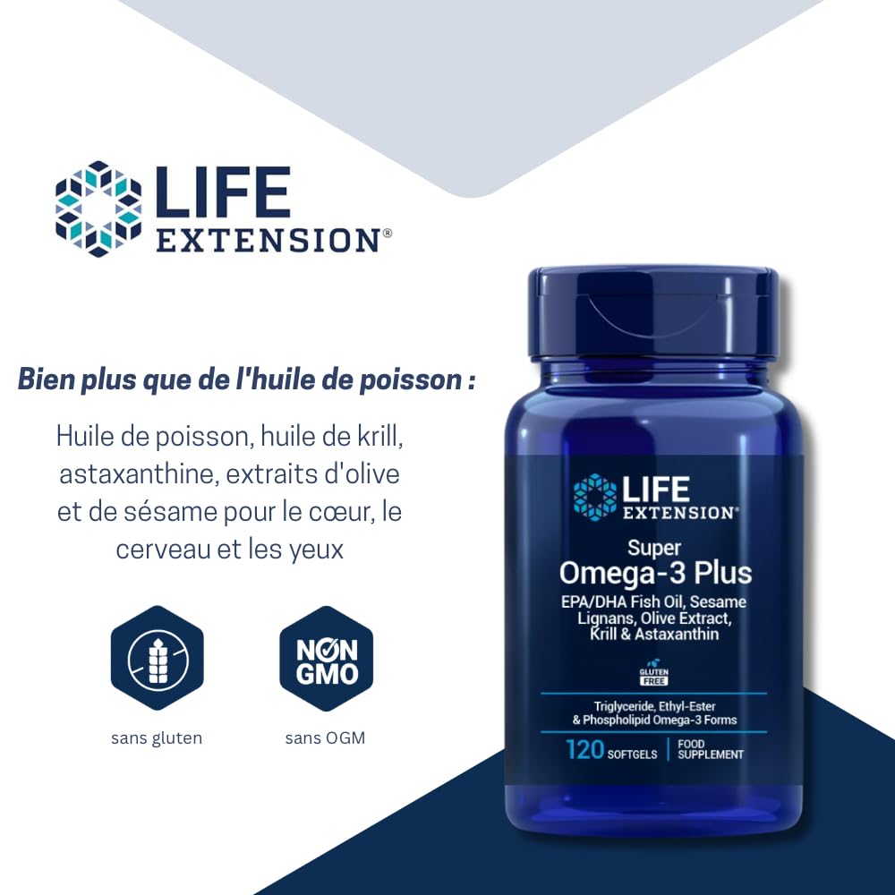 Life Extension - Super Omega-3 Plus EPA/DHA 120 Gélules - Lignanes de Sésame, Extrait d'Olive, Krill et Astaxanthine - Oméga-3 Haute Dose pour la Santé Cardiaque et Cérébrale