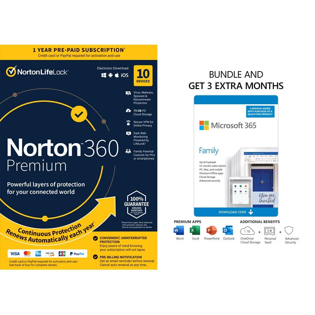 Norton 360 Premium for 10 Devices with Auto Renewal [Key Card] with Microsoft 365 Family 12-Month Su