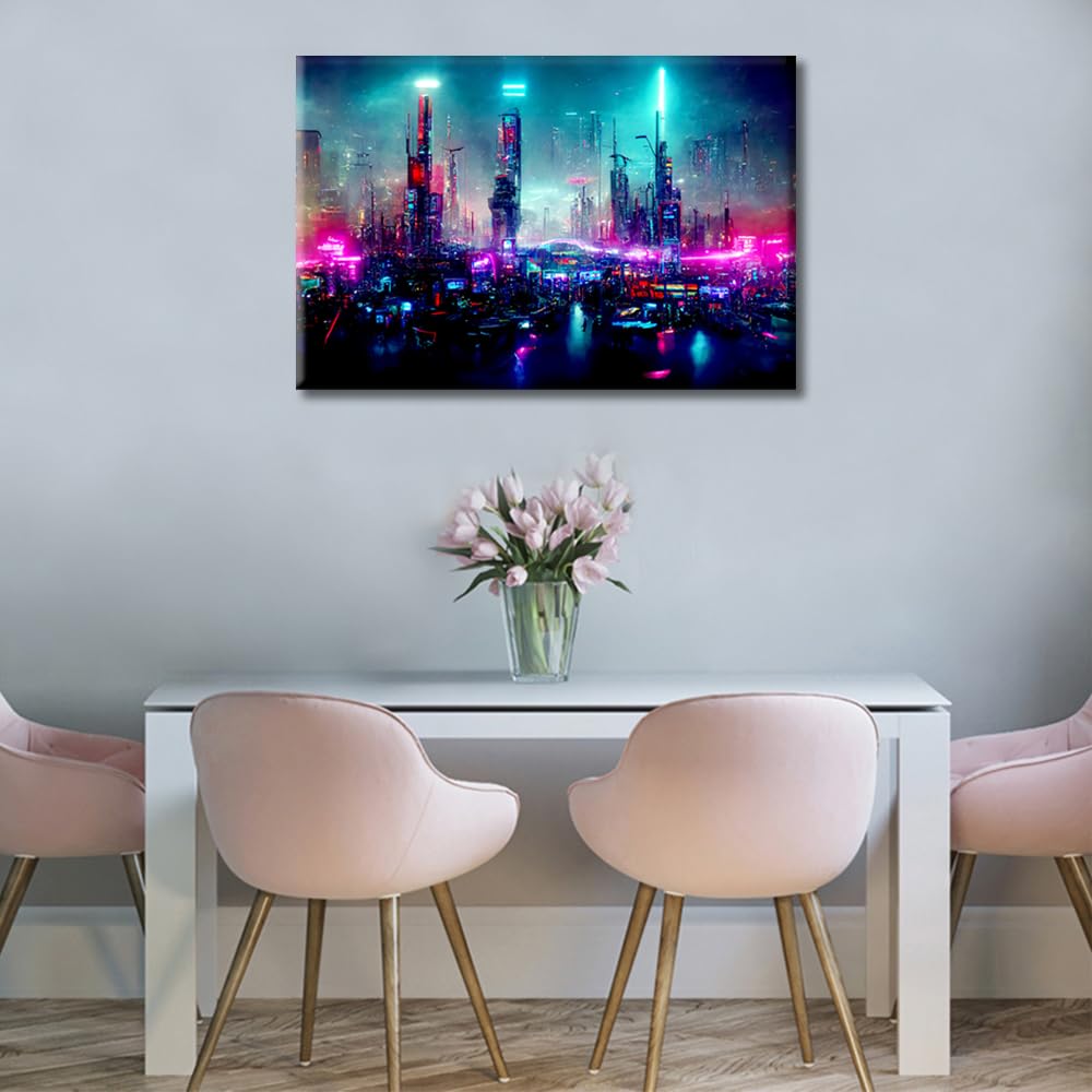 Cyberpunk Style Modern Wall Art Futuristic Cyberpunk City Full of Neon Lights at Night Picture Contemporary Artwork Print On Canvas Cyberpunk City Bedroom Wall Art Framed Ready to Hang - Image 3