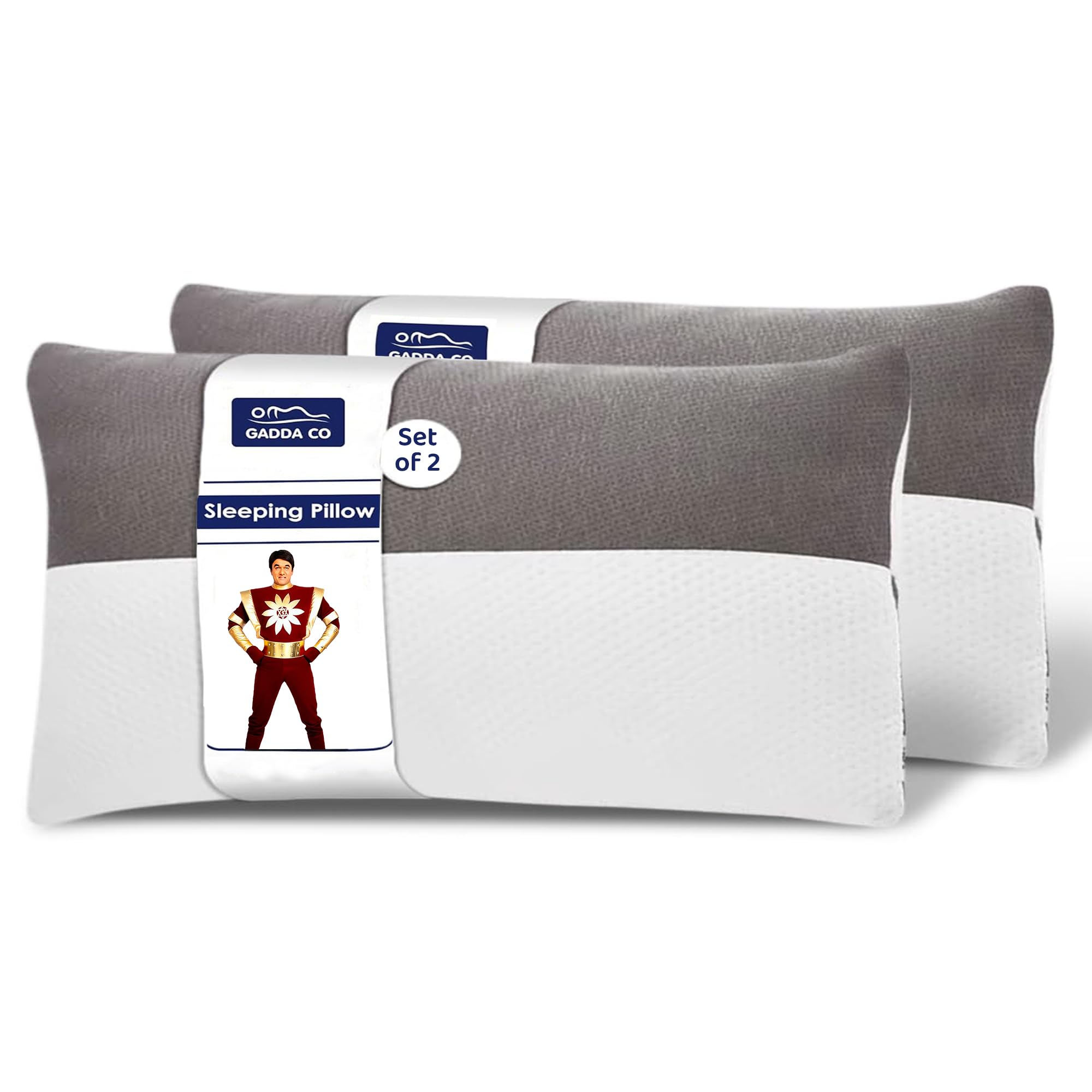 GADDA CO Hollow Fiber King Size Pillows with Zip | Set of 2 | Soft & Fluffy Sleeping Pillows for Adults | White & Grey | 36 x 20 Inches | Microfiber Fill | Comfortable, Durable
