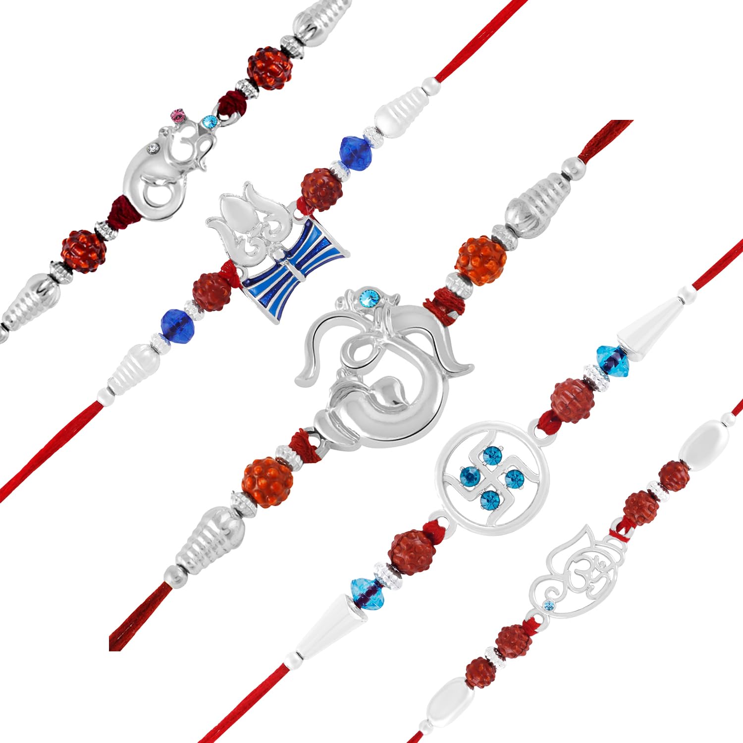 Rhodium Plated Rakshabandhan Gift Combo of 5 Auspicious Ganesha, Trishul with Damroo and Swastik Rakhi Bracelet with Blue and White Kundan Stones For Dearest Brother, Bhaiya/Bhai CO1000472RHD-image-21