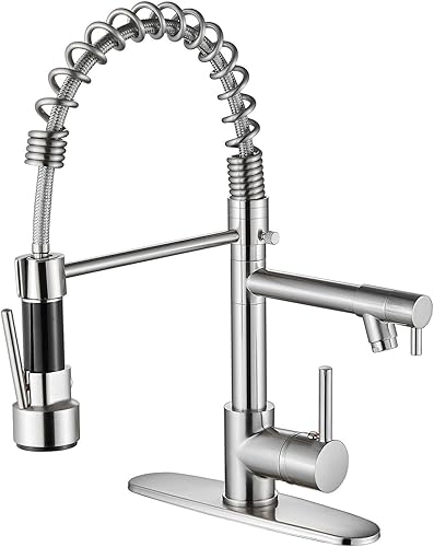 Grifo de cocina comercial de una sola manija con resorte para fregadero de cocina con rociador extraíble de níquel cepillado (placa de cubierta