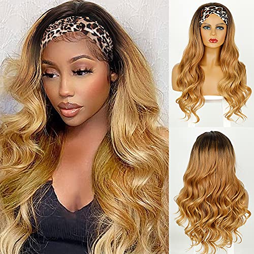 AISI QUEENS Long Brown Wig Wavy Headband Wigs for Women Synthetic Curly Ombre Brown Wig with Headband Attached for Daily Party Wear
