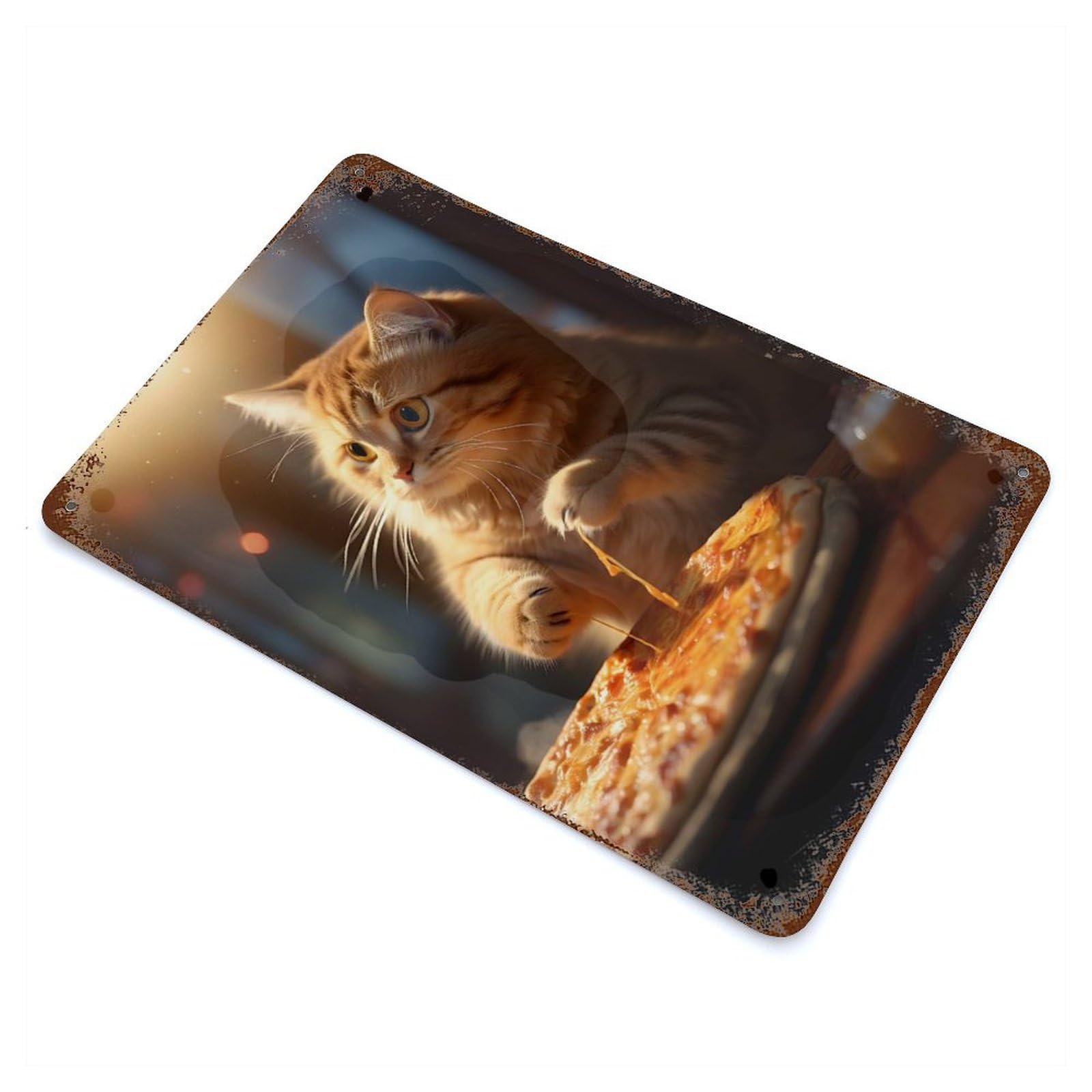 Funny Cat Eats Pizza Aged Metal Wall Plaque 11.8"x7.9", Old School Wall Decor for Garage, Pub Or Kitchen