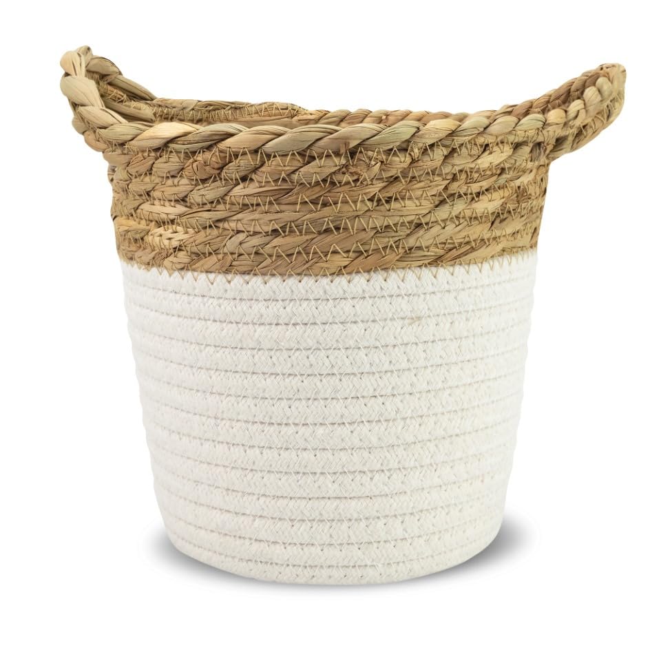 Jean & Len Aufbewahrungskorb, rund, aus Baumwolle und Binsen, vielseitig einsetzbar für Handtücher, Kosmetika und kleine Utensilien, dekorative und langlebige Aufbewahrungslösung, 17 x 17 cm