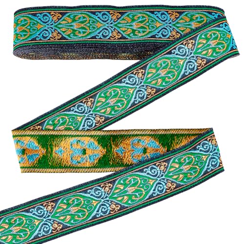 PH PandaHall 7.7 Yards Vintage Jacquard Ribbon Ethnic Embroidered Ribbon 1.3 inch Wide Boho Ribbons Floral Woven Trim Green Fabric Trim for Sewing Clothes Crafting Bags Wedding Home Decor