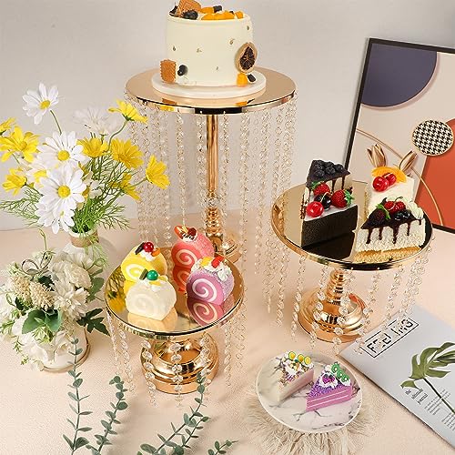 Bokon 6 Pcs Crystal Gold Cake Stand Round Dessert Cupcake Holder Metal Stand Table Cake Pedestal with Crystal Pendant and Wedding Bead Dessert Cupcake Pastry Display Plate for Wedding Birthday Party - Image 3