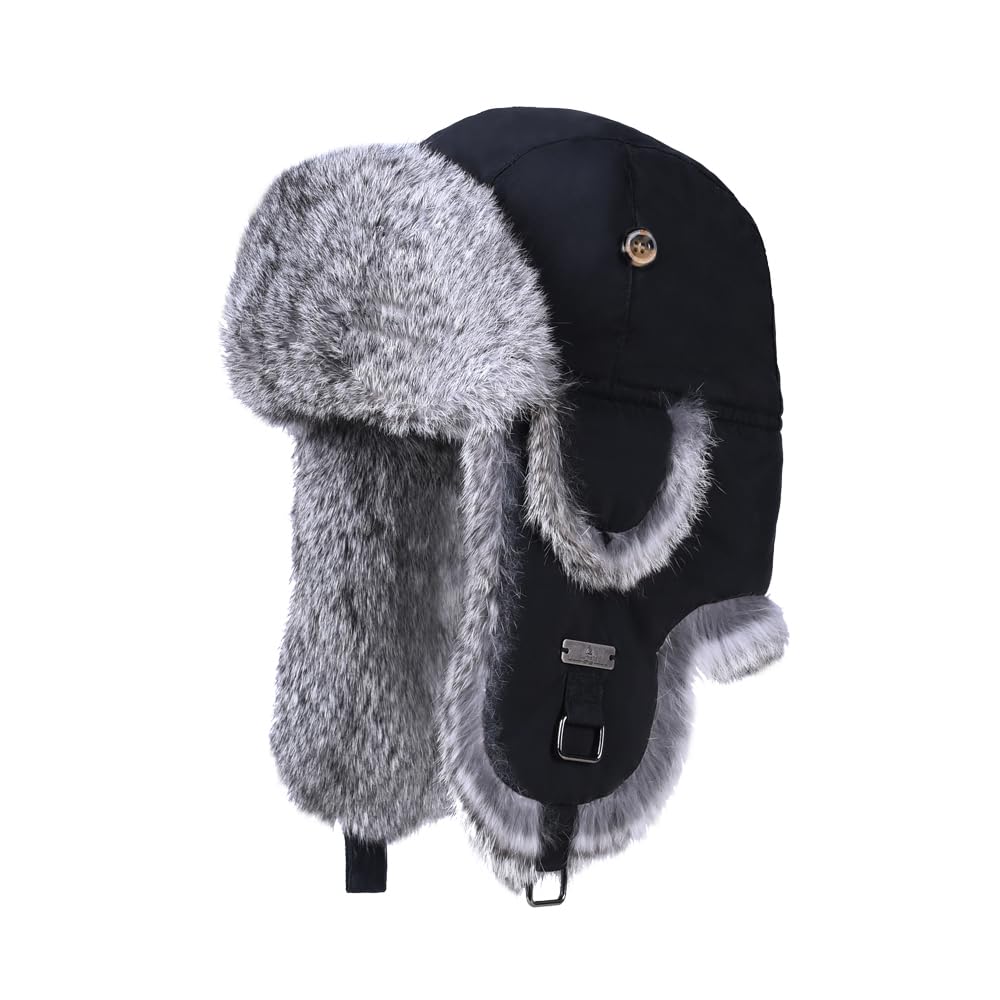 Fur Winter Trapper Hat,100% Rabbit Fur Aviator Ski Trapper Trooper Pilot Hat,Snow Eskimo Hat