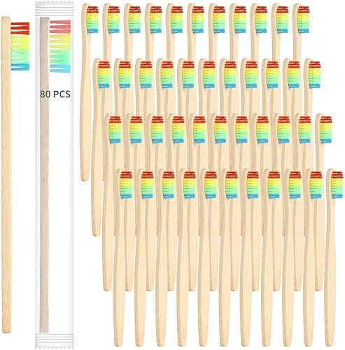 Homaisson Cepillos de dientes de bambú, 80 piezas de cerdas suaves y resistentes, cepillos de dientes coloridos de nailon para adultos, viajes de