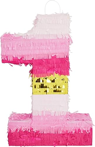 Miniatura 8 de BLUE PANDA Piñata de margarita número 1, 16.5 x 11 x 3 pulgadas, rosa y dorada, piñata de princesa de 1 año para decoración de primer cumpleaños