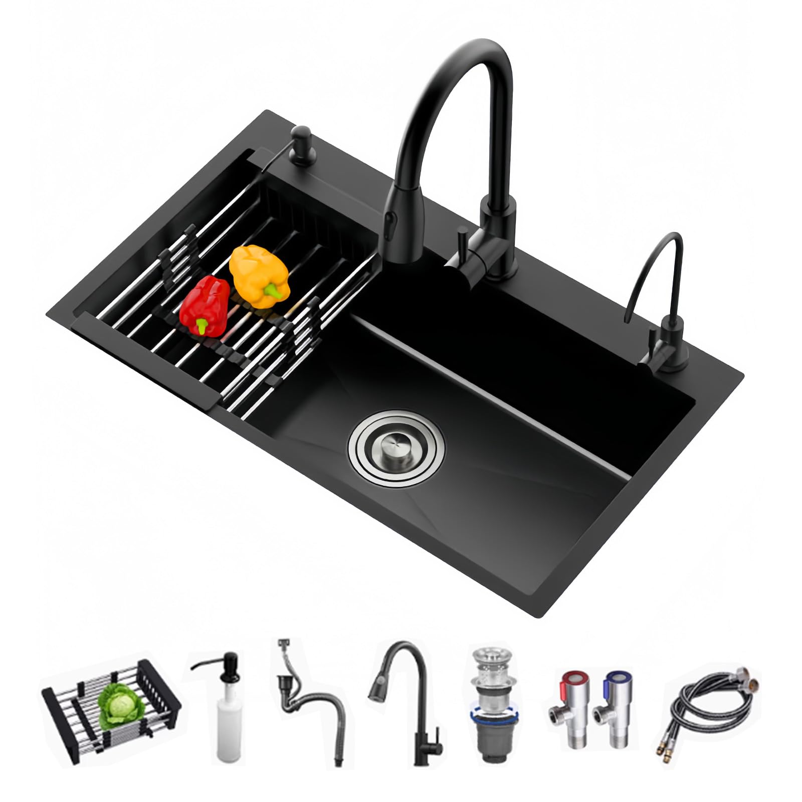 Lavello Da Cucina Nero 80 x 50 cm, Lavello Cucina In Acciaio Inox 1 Vasca Con rubinetto estraibile, Lavello da incasso a tre fori (Nero, 80x50cm)