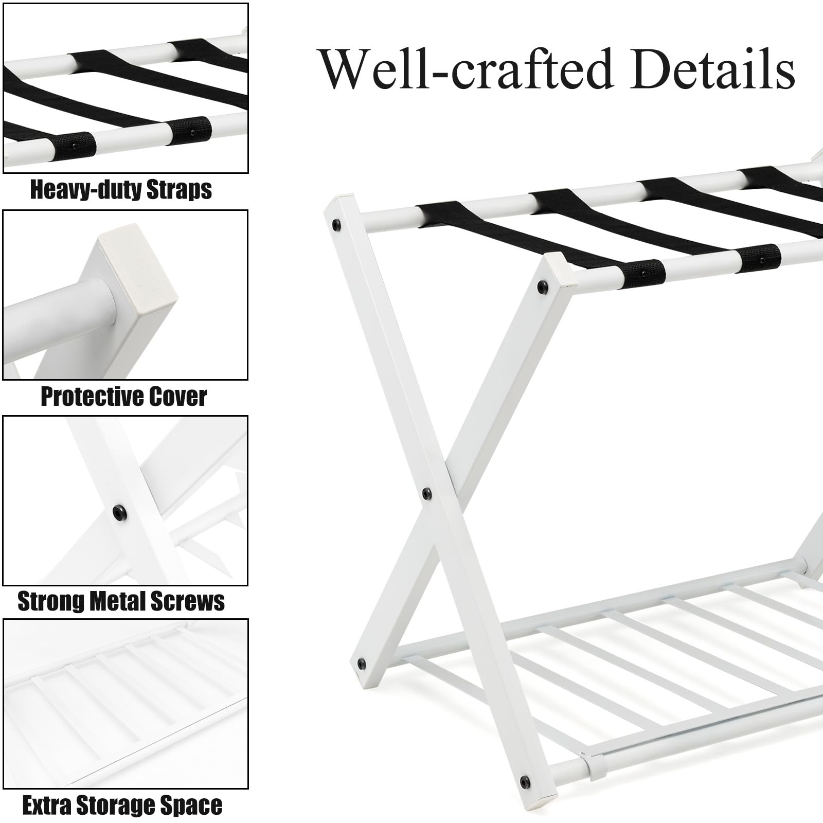 HOMASIS Estante para equipaje plegable, Soporte de metal para maletas y bolsas con estante, Portaequipajes con diseño de 2 niveles, para habitación, hotel, 68x43x56cm (Blanco, 2)