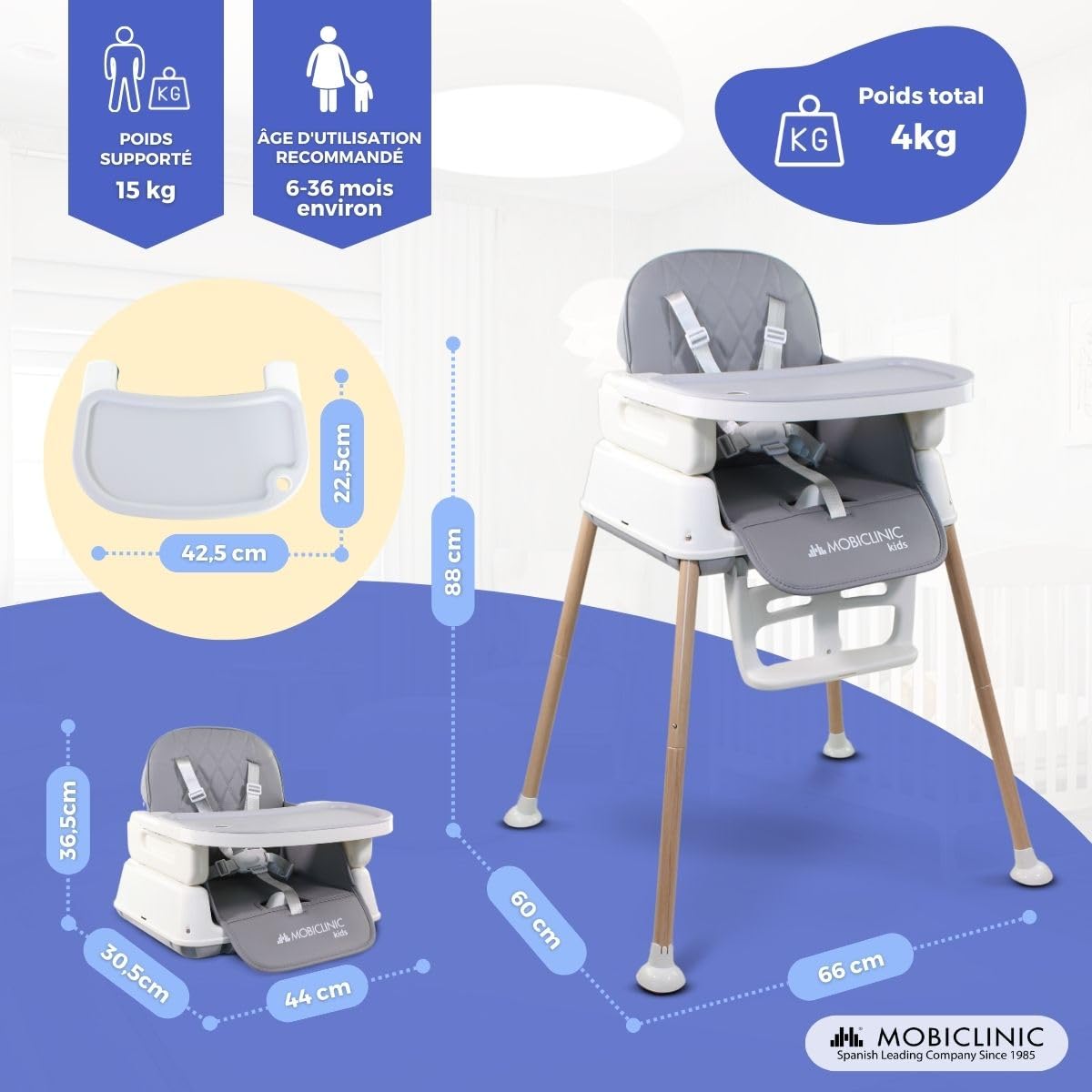 Mobiclinic® kids, Chaise haute bébé évolutive, 3 en 1, Kiara, Rehausseur + de jeux, Pliable, Harnais à 5 points, Plateau réglable, 6-36 mois, Jusqu'à 15 kg, Imperméable