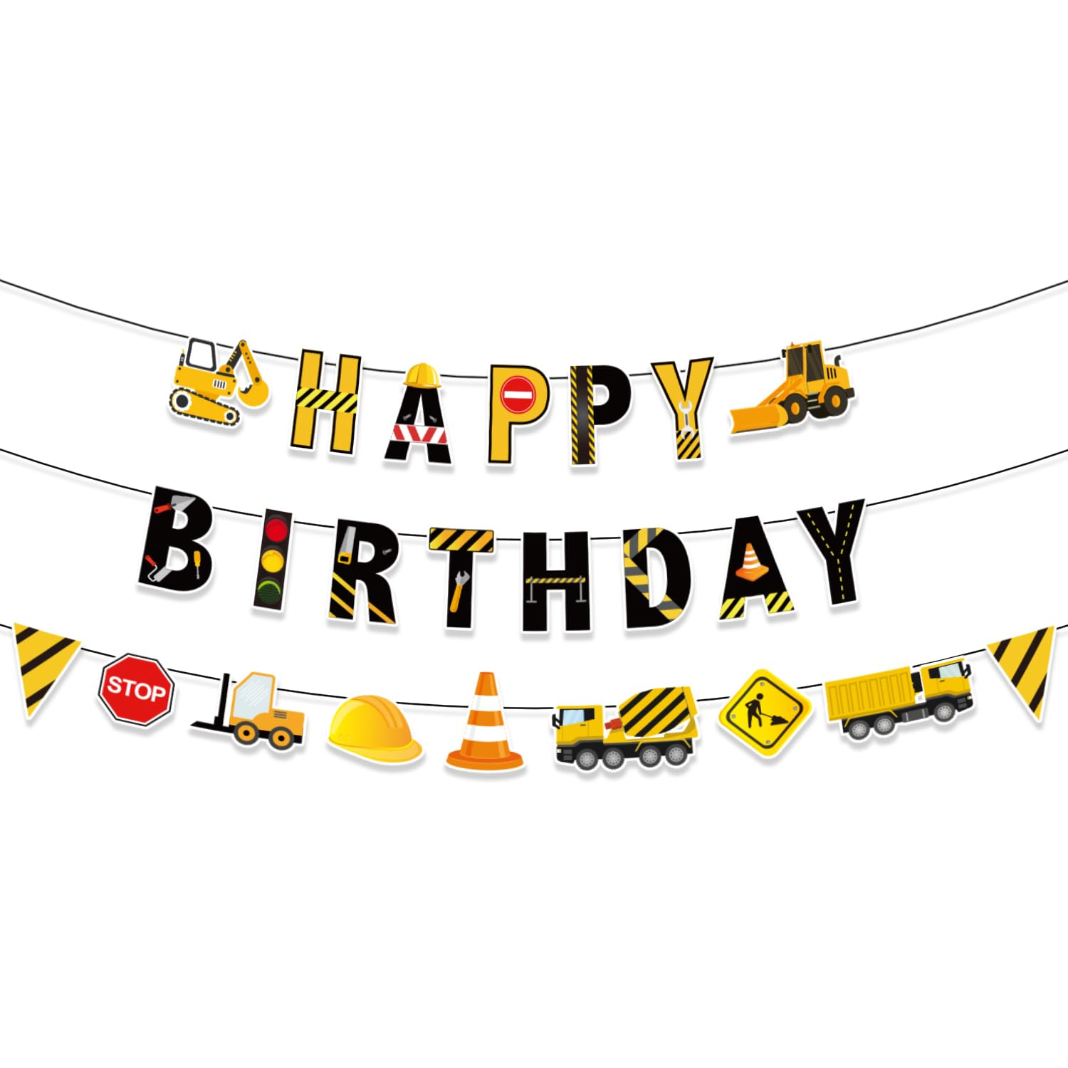 Construction Happy Birthday Banner, Pre-Strung Building Themed Birthday Decorations with Vehicle Excavator Truck Traffic Road Design Party Supplies for Boy Kids Baby Shower