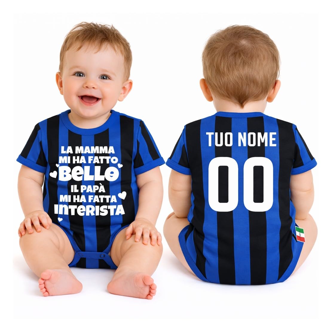 PELUSCIAMO Body Nero Azzurro Mamma Mi Ha Fatto Bello (o bella), Papa' Mi Ha Fatto Interista | Personalizzato Con Nome e Numero PS 32768-010