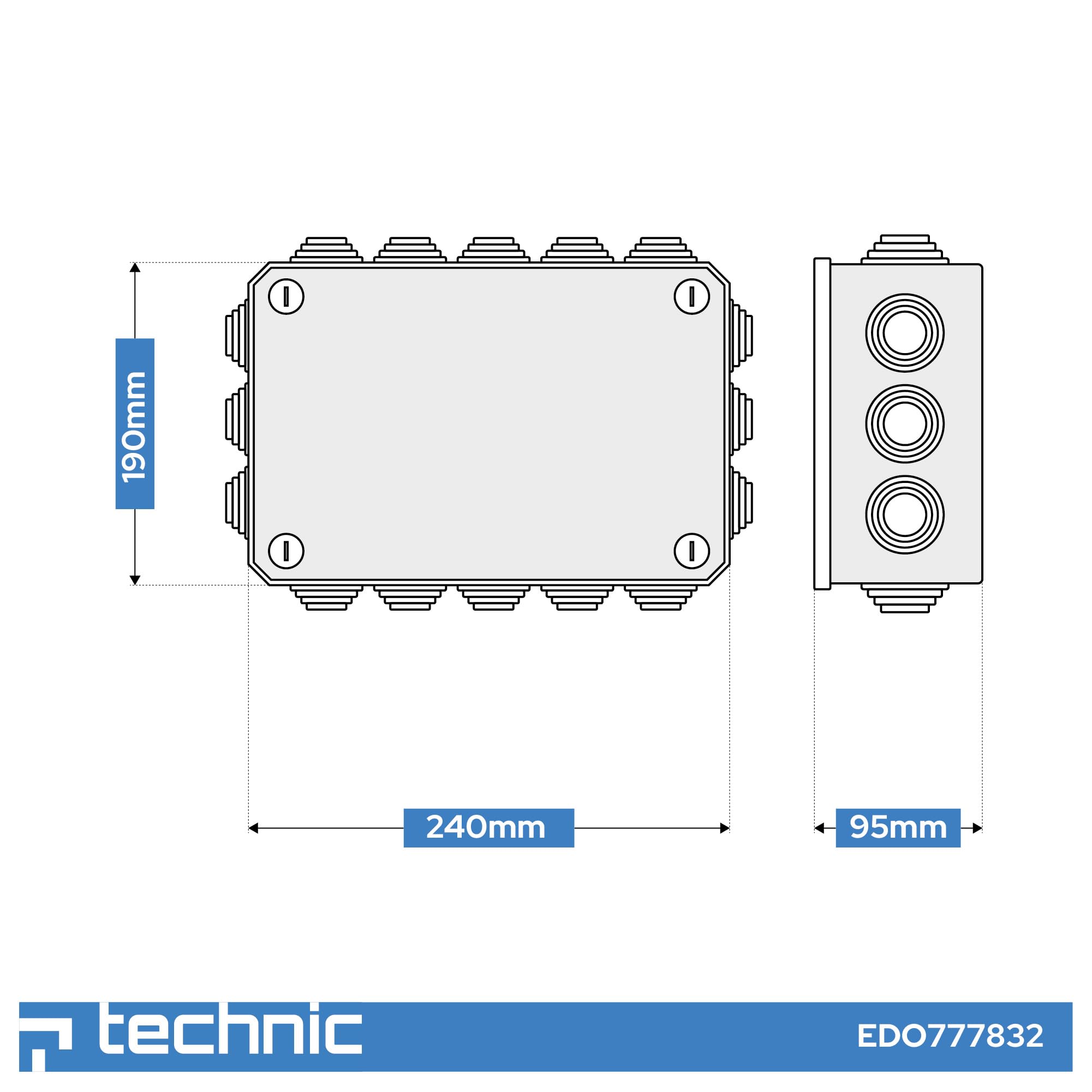 EDO Set 10x Scatola da Parete IP44 Impermeabile 240x190x95 mm Nera | Resistente ai UV, Senza Alogeni – Scatola di Derivazione con Pressacavi e Coperchio a Vite Interno/Esterno