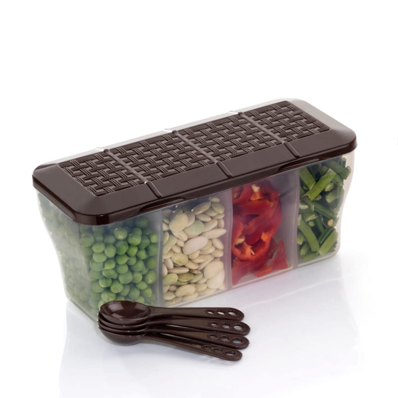 yornext 4 section container for storage of vegetables,dryfruits,spices,pickles with spoon and attached rotating lid-pack of 1 (BROWN) (B0BW64JK92) Amazon Price History, Amazon Price Tracker