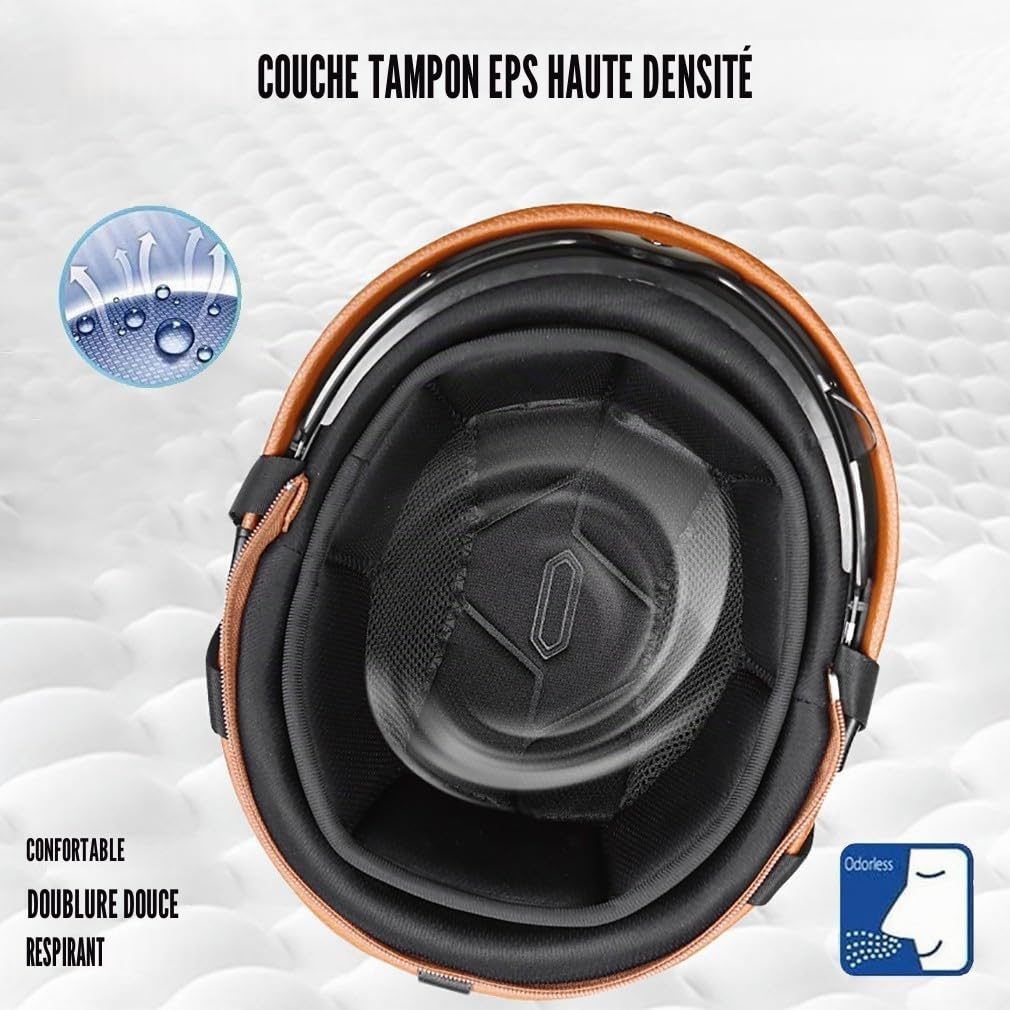 Casque de Moto Vintage Cuir Retro Vintage Scooter Open Face Demi Cuir avec visière Lunettes ECE Bols pour Homme et Femme Adultes Demi-Casques avec Sac de Rangement
